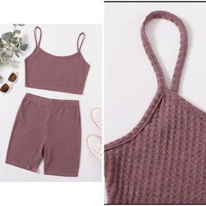 Waffle knit Mauve Purple Crop top and Biker shorts set